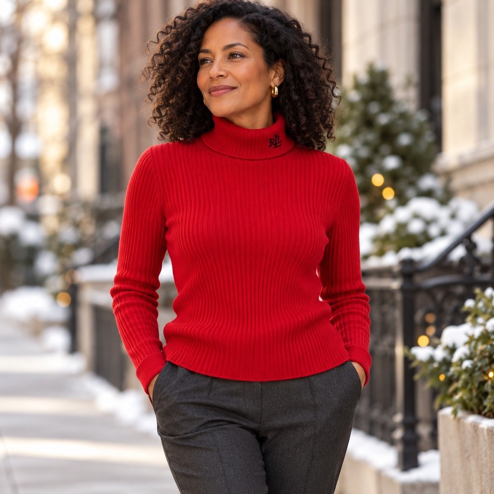 Lauren Ralph Lauren Red Ribbed Turtleneck Sweater XL LRL Logo Cotton Classic